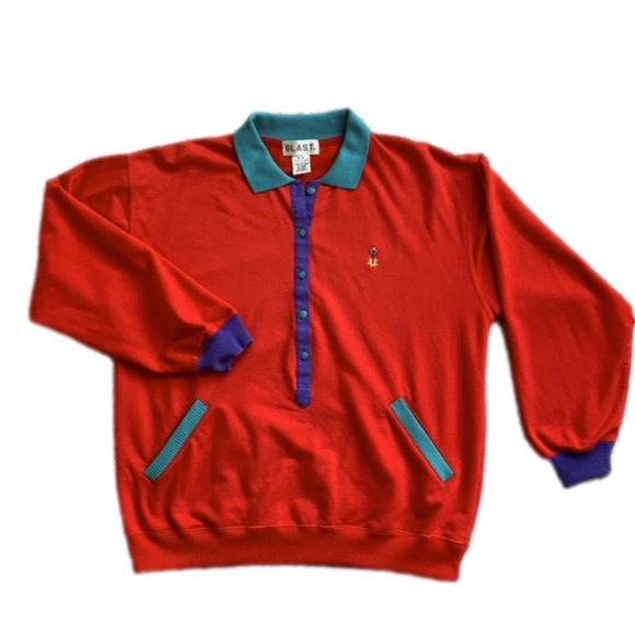 Blast Tops - Blast 80s Colorblock Colorful Collared Popover Button up Vintage Sweatshirt Sm
